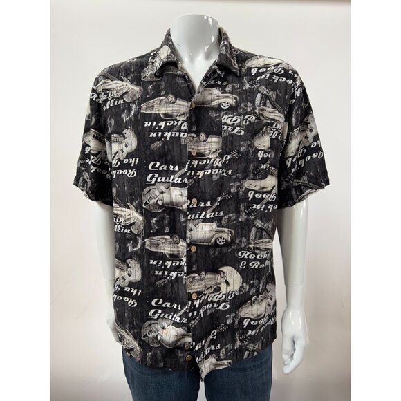 Vintage Style Black Graphic Mens Button-Up Shirt W/ Cars & Guitars Print Short S - Picture 1 of 16